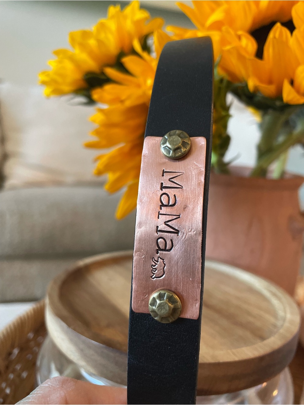 Black Leather Bracelet with Copper Plate